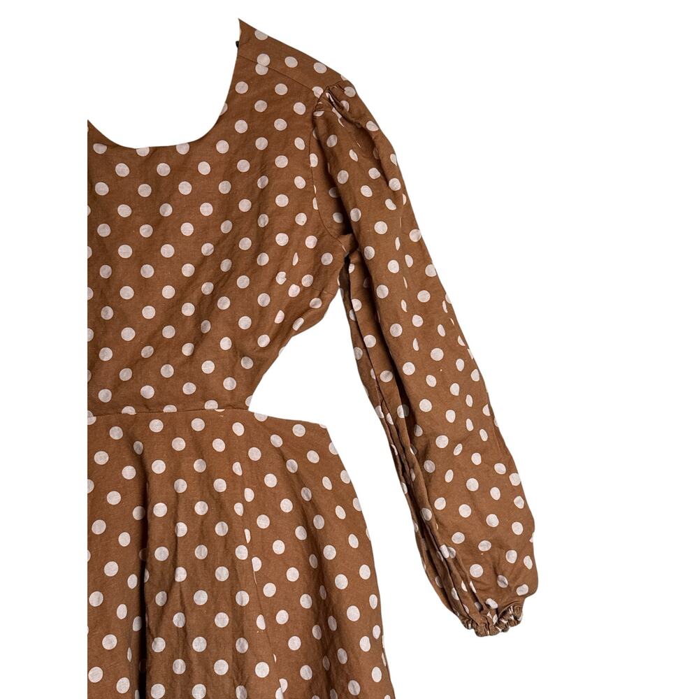 Charlie Holiday Halcyon Polka Dot Open Back Mini Dress Brown Linen Blend Size 10 - Picture 4 of 9